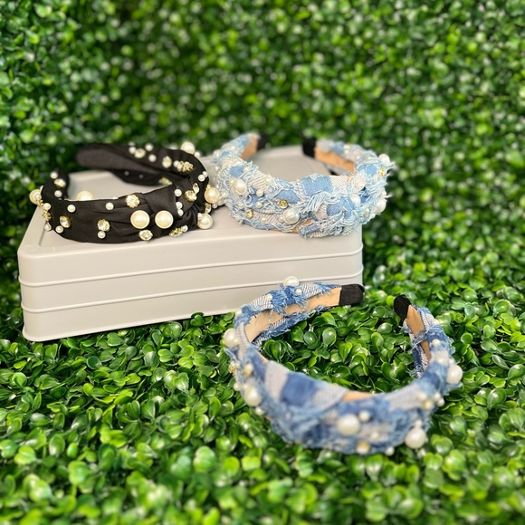 Pearl Embellished Hairband Set - Black and Blue - Picture 1 of 3